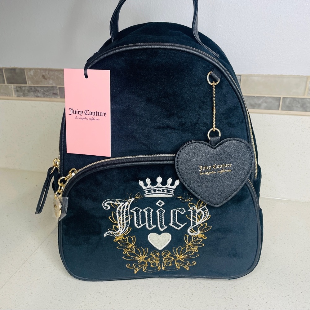 NEW Juicy Couture Black Velour Mini Backpack Gold Embroidered Crown‎ Heart Logo